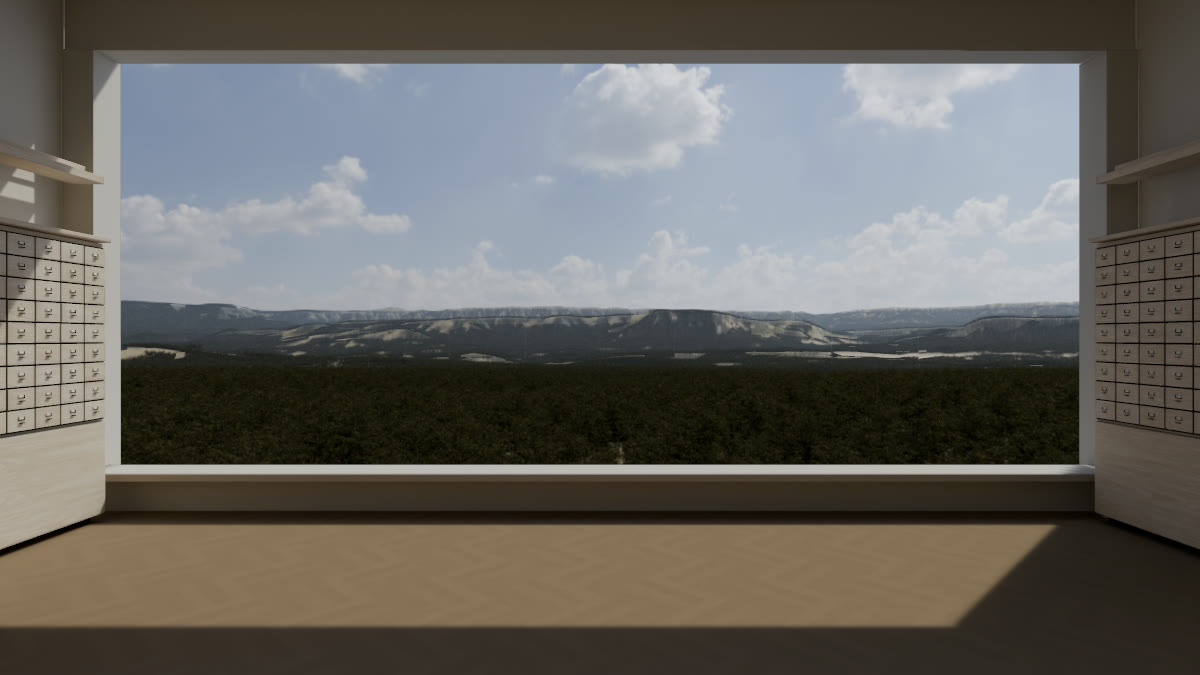 The Three by Five reading room: card catalogs along both walls and a large window onto a mesa landscape.