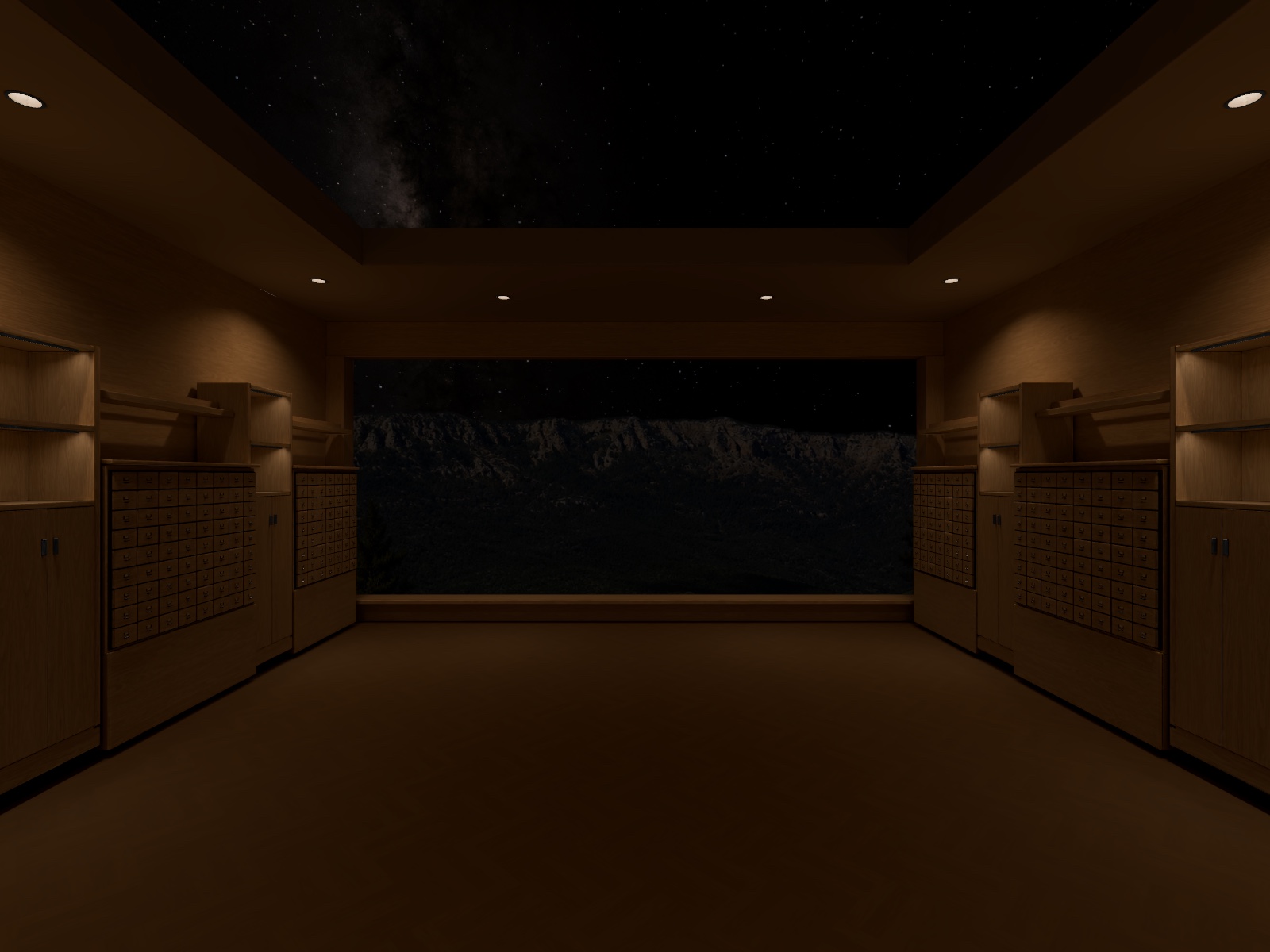 The Three by Five reading room: card catalogs along both walls and a large window onto a mesa landscape.